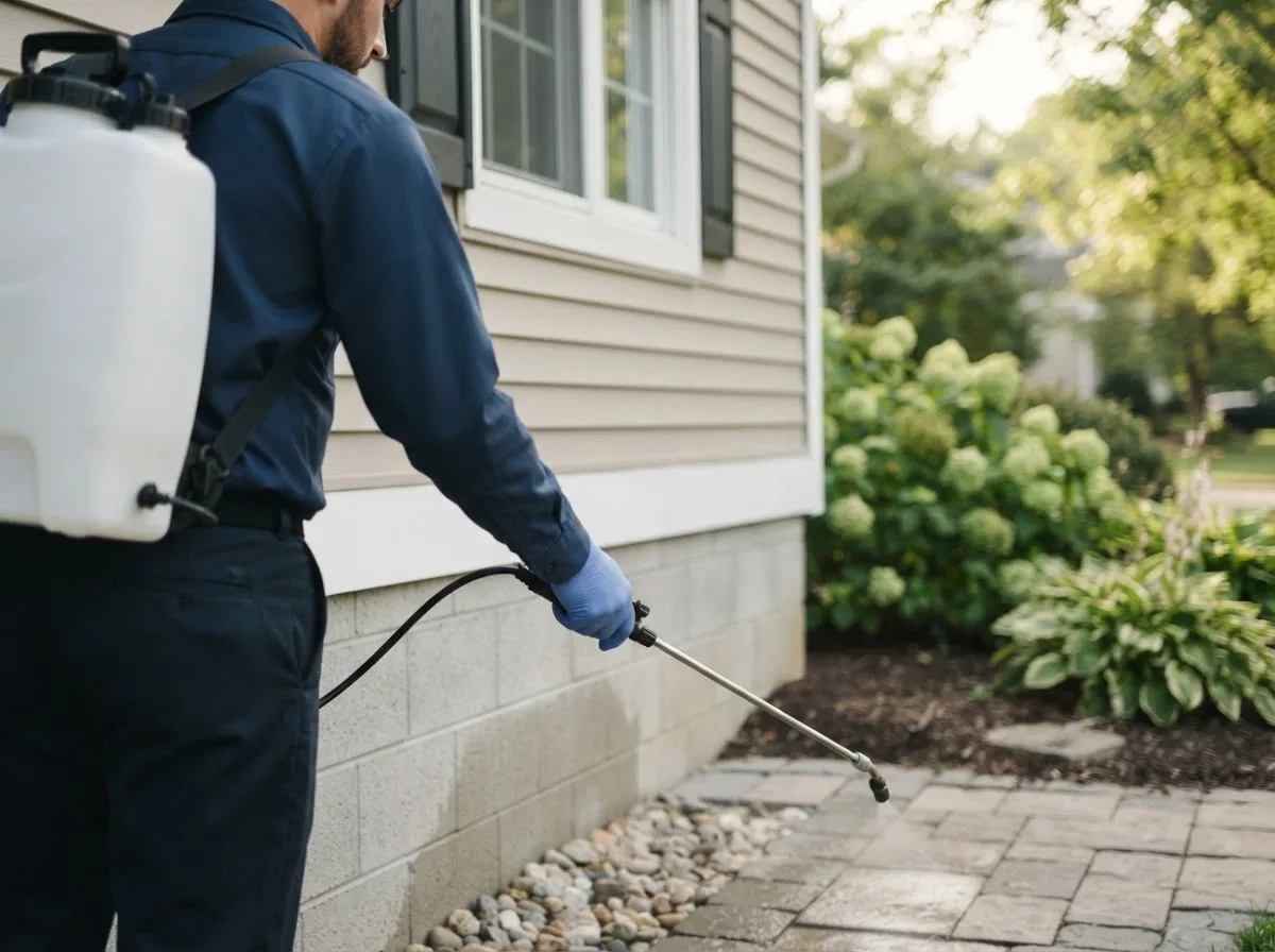 Pest control technician inspecting a home in Layland, WV